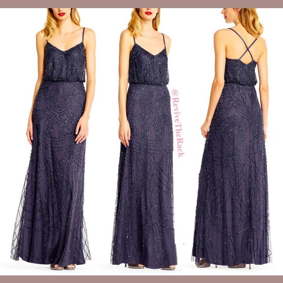 NEW Adrianna Papell Beaded Chiffon‎ Blouson Gown in Gunmetal [SIZE 10 ]
